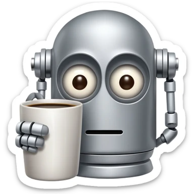 A sleepy robot with droopy eyes holding a coffee mug, looking exhausted sticker