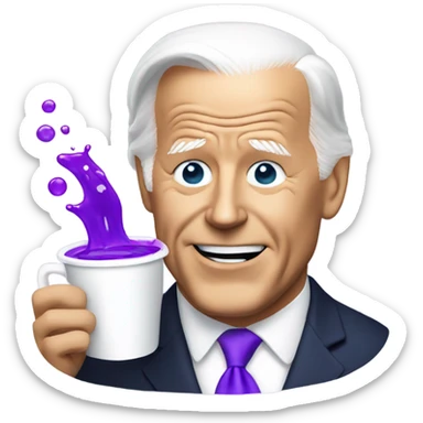 biden with purple liquid spilling out of white cup sticker
