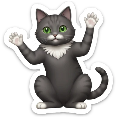 full body gorgeous solid dark grey cat with green eyes, white paws and white whiskers reaching for something sticker
