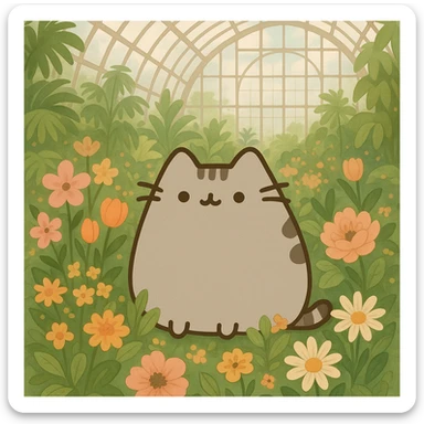 pusheen cat surrounded by flowers in a botanical garden greenhouse sticker