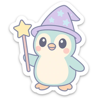 cute cartoon style penguin wizard with a starry hat and magic staff sticker