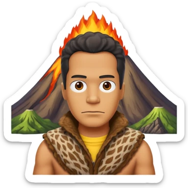 a simpson guy wearing ancient animal skin cloth with volcano behind, half body, icon sticker