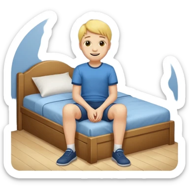 emoji- of a smiley boy sitting at the edge of the bed with legs on the floor sticker