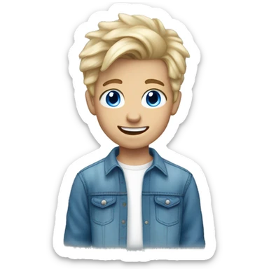 A white blonde 15 year old boy with white teeth blue eyes dressed in a jeans shirt and blue joggers sticker