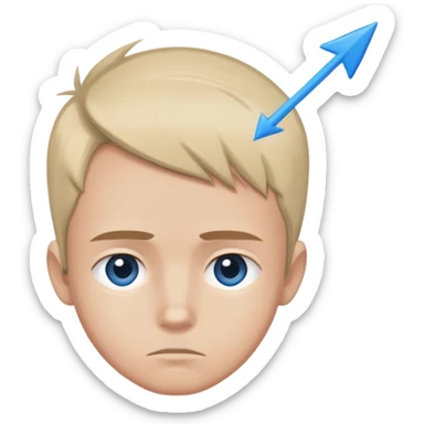 solitary boy portrait with blue arrow facing down on head and forehead sticker
