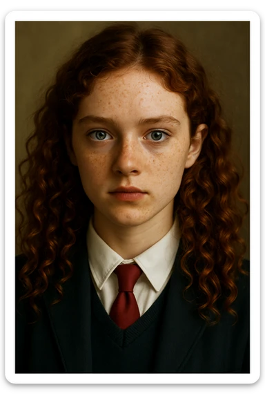 Make the girl's hair longer and curly, and put her in a school uniform. Maintain the original style and details of the image. sticker