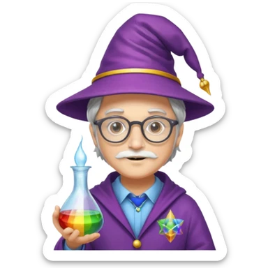 rainbow scientist with glasses, wearing wizard hat custome, with glass vase sticker