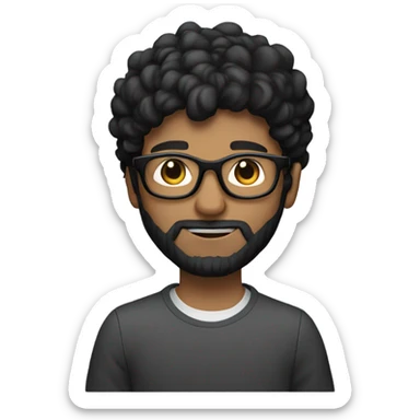 Designer with black hair, small beard hairs and glasses working with MacBook a 20 year boy sticker