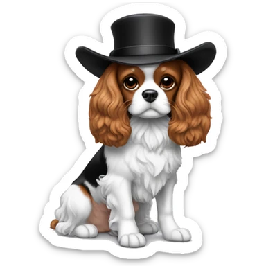 Un cavalier King Charles noir et blanc, avec un chapeau haut de forme chic noir sticker