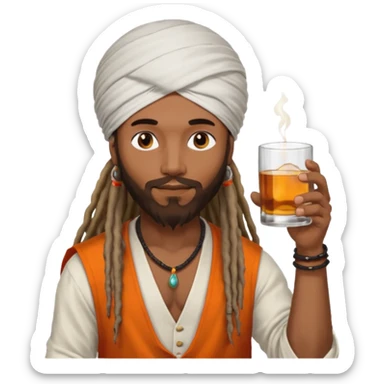 Brownskin man with long dreadlocks add a white turban on his head orange shirt drinking alcohol sticker