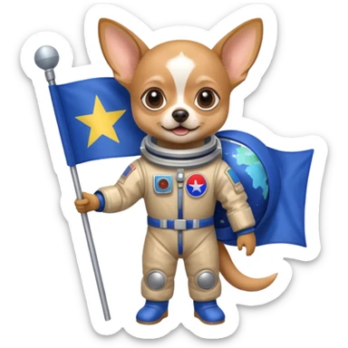 a chihuahua in space suit, holding blue rectangle flag, full body, front view sticker