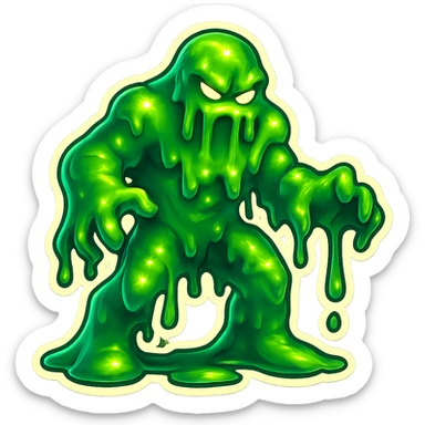 Slime monster. green slime. scary sinister. slime attacks. show full body. more dripping slime. talk humanoid slime creature. sinsiter and scary...green slime sticker