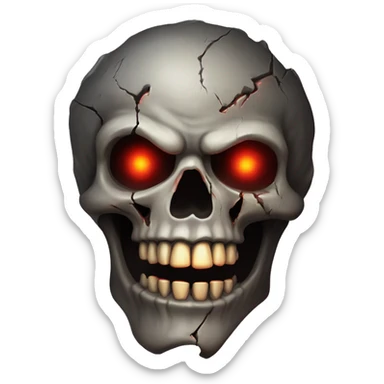 A weathered skull with hollow, glowing red eyes, cracks running along its surface. The jaw is slightly unhinged, as if about to let out a silent scream. Dark smoke or shadowy wisps drift from its eye sockets, adding an eerie glow around it. sticker