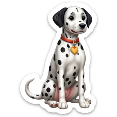cinematic-[dalmatian dog]-realistic-full-body-sitting-emoji,-tail-resting-loosely-beside-its-paws,-head-tilted-dramatically,-sleek-[spotted]-fur,-simplified-yet-realistic-focused-features,-highly-detailed,-glowing-with-an-almost-sarcastic-glow sticker