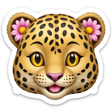 A leopard with big smile. A pink flower with a yellow center is tucked behind its right ear
 sticker