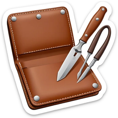 Leatherworking icon, piece of raw leather being crafted into a leather wallet or belt with engraving, professional tools like leather stitching awl, edge beveler, hammer, prying tool, minimalistic style, clean lines, transparent background. sticker