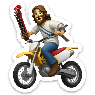 Jesus doing a jump on a dirt bike with an electric guitar in his hands sticker