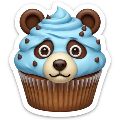 cupcake with pastel blue frosting decorated to look like a bear face sticker