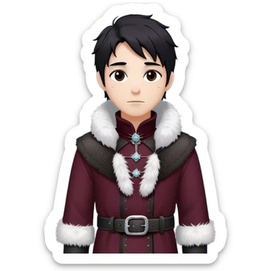 Medieval winter outfit worn by a DnD themed fantasy male character. Heavy maroon wool tunic with rabbit fur trim, featuring a high collar with silver clasps, belted with a sturdy leather strap. Clothes only above the waist, full waist coverage. The character has no arms. Character is white-skinned with raven black hair, deep brown eyes, and short messy hair dusted with snowflakes. sticker