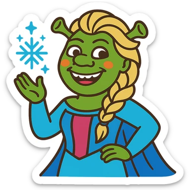 Elsa and Shrek hybrid, magical and humorous, vibrant colors sticker