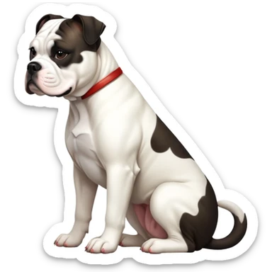 cinematic-[american bulldog]-realistic-full-body-sitting-emoji,-tail-resting-loosely-beside-its-paws,-head-tilted-dramatically,-sleek-[pied black]-fur,-simplified-yet-realistic-focused-features,-highly-detailed,-glowing-with-an-almost-sarcastic-glow sticker