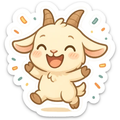 chibi goat, joyful, smiling widely, confetti around, simple background sticker