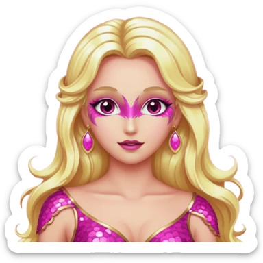 Venus, Love Goddess with metallic pink skin, long blonde hair, dark pink sequin outfit sticker