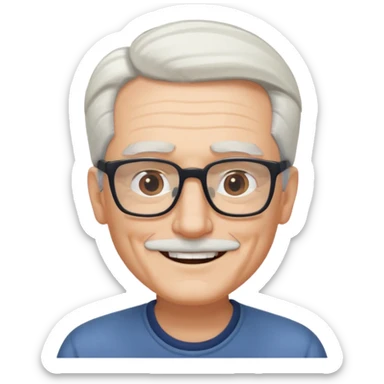 old guy, swept back white hair, blocky face, rectangle frame glasses, soul patch sticker