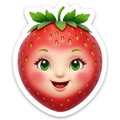 Cinematic plump happy strawberry, glossy bright red, tiny round eyes and blushing cheeks, green leafy top slightly tilted, cheerful and charming. sticker