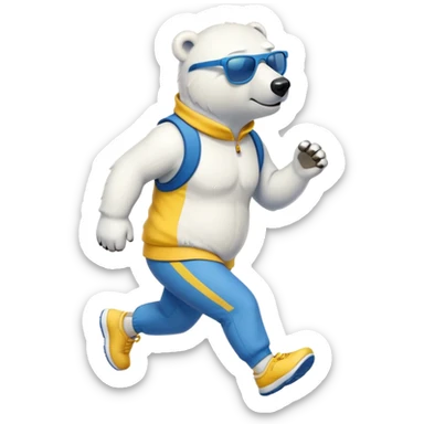 friendly anthropomorphised polar bear jogging upright, wearing blue and yellow athletic outfit and dark sunglasses sticker