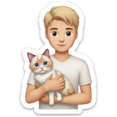 A young Caucasian man in a white shirt holding a ragdoll cat sticker