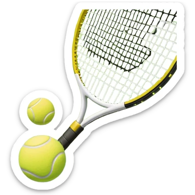 A tennis racket and a ball placed on the ground, with a tennis court in the background. The court lines and net are visible, emphasizing the structure and focus of the sport, creating a dynamic and energetic vibe. sticker