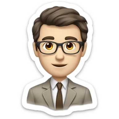 Pale skinned fit man with dark brown hair in gray jacket, beige office shirt, brown tie, brown pants and vintage glasses Writing on the flipchart sticker