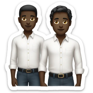 two boys in white shirts with black skin sticker
