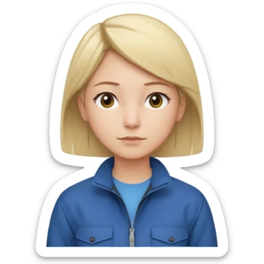Calm and independent female engineer, fair skin, short straight blonde hair tucked behind the ears, neutral but focused expression, wearing a fitted blue utility jacket over a black crew-neck top, waist-up, front-facing sticker