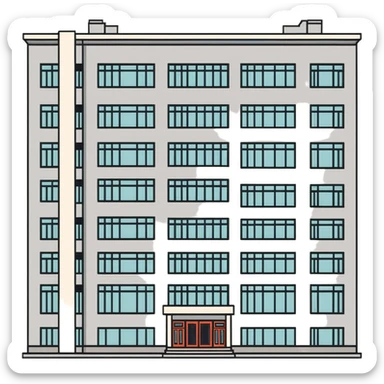 Soviet-era panel apartment building with rows of identical windows, gray concrete facade, flat roof, typical Russian multi-story residential building sticker