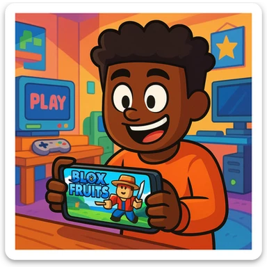 Cancer playing Blox Fruits on phone, Roblox style, black character sticker