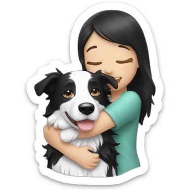 A girl hugging a adult black and white border collie sticker