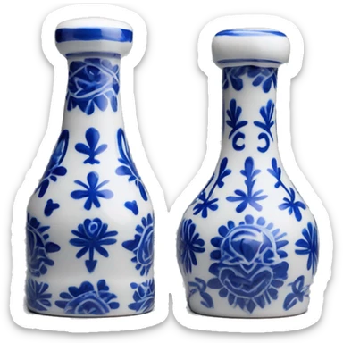 The Clase Azul Tequila bottle is tall and hourglass-shaped, with a wide base that tapers towards the neck. Its white ceramic body is decorated with cobalt blue floral designs, and it’s topped with a complete gray, bell-shaped stopper that curves inward  sticker
