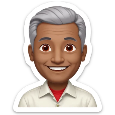 50 yr old indian man, dark skin, grey hair, big smile, white teeth, chubby, no moustache, clean shaven, young style hair, hair brushed back, 5 oclock shadow, bindy, dress shirt, forehead dot, chubby, religious, red dot, fancy hair sticker