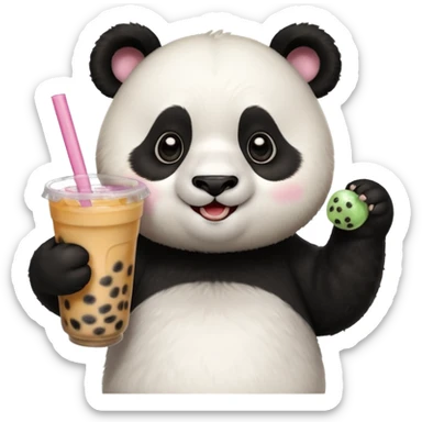 A panda drinking bubble tea, excited about the toppings, portrait, bust up sticker