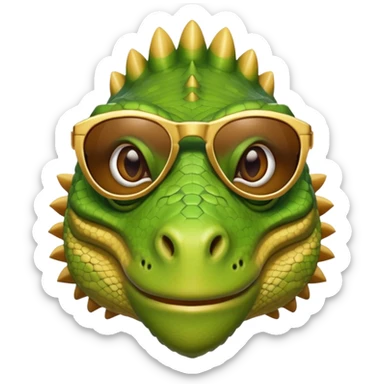 rich capitalist iguana head with golden glossy sunglasses sticker