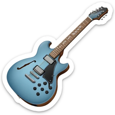 A gray-blue electric guitar with a black pick guard sticker