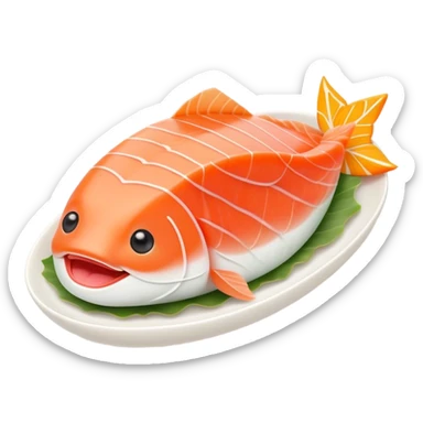 Cute Kawaii Sashimi Slice, delicate and fresh, bright orange salmon with soft pastel textures, an adorable happy face, tiny chopsticks lifting it, gentle glowing highlights! sticker