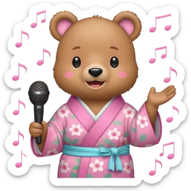A cute light-brown bear wearing a pastel pink sakura-patterned kimono, normal balanced body ratio.  
Holding a microphone and singing happily, music notes floating around and a bright joyful smile.  
Kawaii emoji style, minimalistic clean sticker illustration, white background. sticker