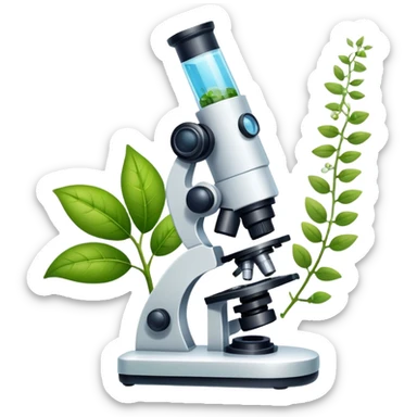 An icon featuring a microscope, a DNA strand, and plant leaves, symbolizing biology. The design includes cells, a test tube with a plant sample, representing life sciences, ecosystems, and the study of organisms. Transparent background highlights the exploration of living systems. sticker