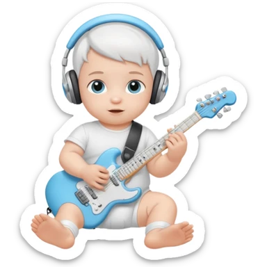 a cute baby in a white diaper and air pod max silver headphones playing a baby blue electric guitar sticker