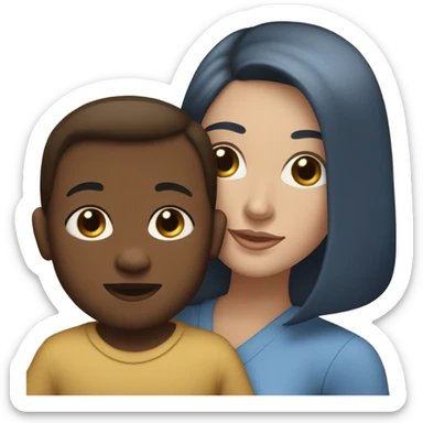 white woman, with straight long mid hair, dark brown hair, blue eyes, round face, uni-lips. holding her baby boy, one year old, brown skin, bit of hair straight brown smiling sticker