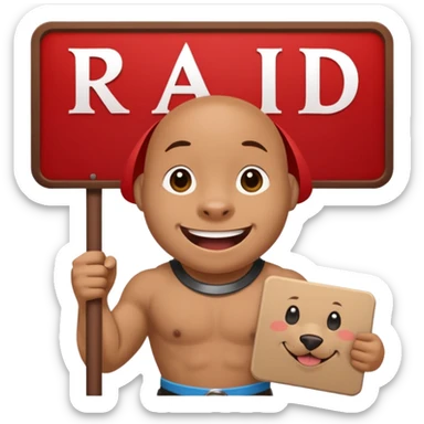 smiling pit holding a sign that reads the word "raid" in big red font sticker