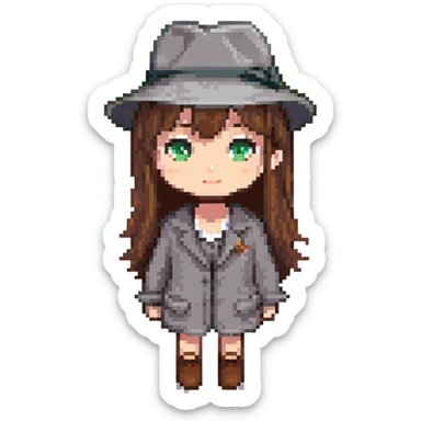 girl with brown hair and a grey fedora, pixel art, simple background sticker